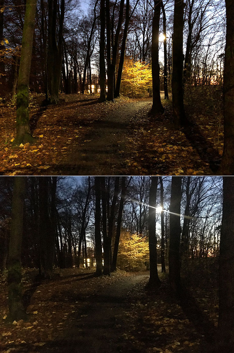 Sammenligning av nattbilde tatt med iPhone X og samme motiv fotografer med iPhone 6s